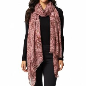 Coach Pink & Brown Woven Speckled Raw Hem Fringe Silk Modal Blend Scarf EUC